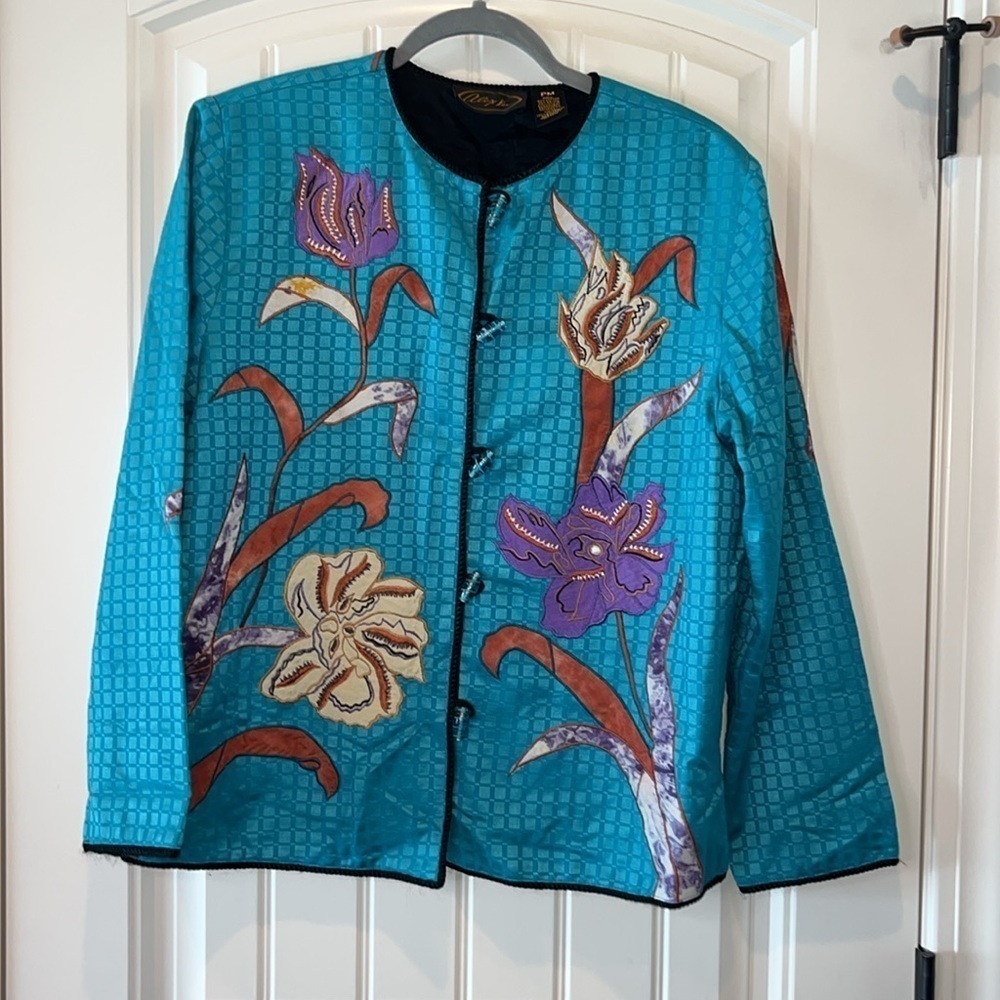 Turquoise boho artsy hippie blazer embroidered flowers glass bead buttons Pet M